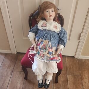 Blue Vintage-Style Bear Print Porcelain Doll with White Bloomers